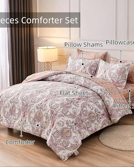 Yiran 7 Pieces Paisley Comforter Set Bed in a Bag Boho Floral Comforter Soft Microfiber Paisley Bedding Set Queen Size 90"×90"(1 Comforter,2 Pillowcases,2 Pillow Shams,1 Flat Sheet,1 Fitted Sheet) - LeafyLoom