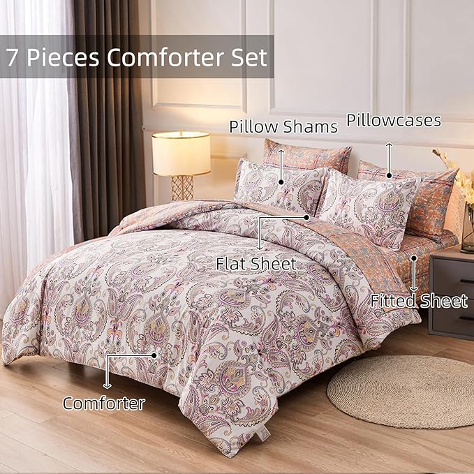 Yiran 7 Pieces Paisley Comforter Set Bed in a Bag Boho Floral Comforter Soft Microfiber Paisley Bedding Set Queen Size 90"×90"(1 Comforter,2 Pillowcases,2 Pillow Shams,1 Flat Sheet,1 Fitted Sheet) - LeafyLoom