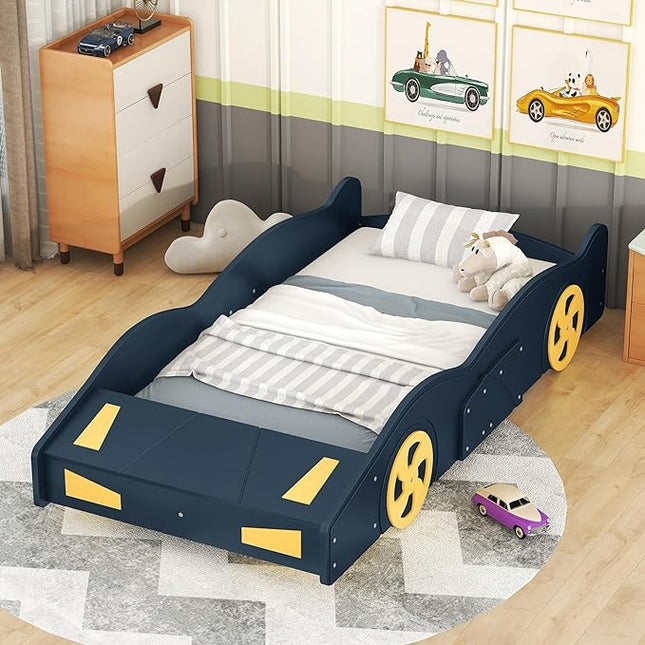 Twin Size Car Bed with Storage Space,Race Car-Shaped Platform Wooden Bedframe W/Wheels,No Box Spring Required,for Boys Toddlers Kids Child's Bedroom,Dark Blue+Yellow - LeafyLoom