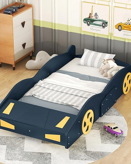 Twin Size Race Car Bed for Kids, Car-Shaped Bed Frame with Wheels and Storage Footboard for Boys, Wood Slats Support,No Box Spring Needed, Dark Blue+Yellow - LeafyLoom