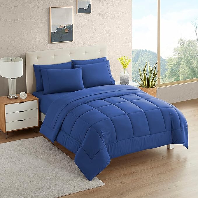 Dorm Room Essentials College Bedding Comforter Set 5 Piece Twin Size Bed in a Bag for College Students Boys and Girls, Twin, Royal Blue - LeafyLoom