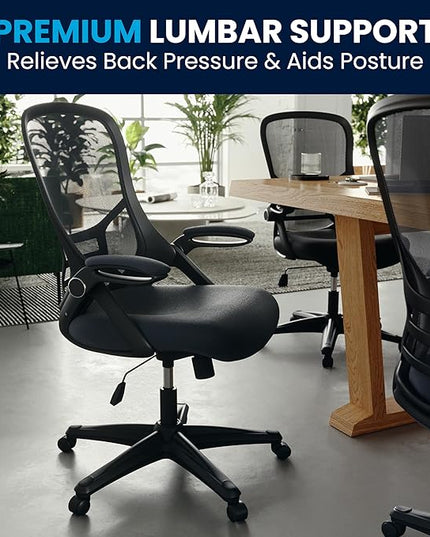 Flash Furniture Porter High-Back Swivel Office Chair with Adjustable Lumbar Support and Seat Height, Ergonomic Mesh Desk Chair with Flip-Up Armrests, Black - LeafyLoom