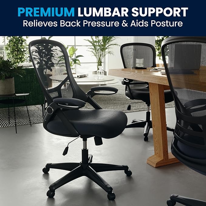 Flash Furniture Porter High-Back Swivel Office Chair with Adjustable Lumbar Support and Seat Height, Ergonomic Mesh Desk Chair with Flip-Up Armrests, Black - LeafyLoom