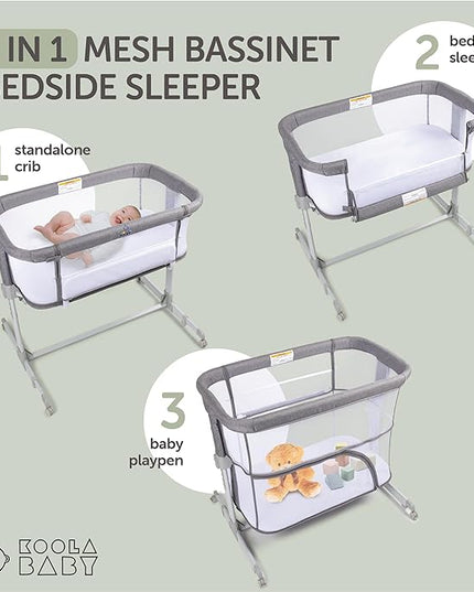 3 in 1 Baby Bassinet, Bedside Sleeper, & Playpen, Easy Folding Portable Crib (Grey)- KoolaBaby (Mesh Bassinet) - LeafyLoom