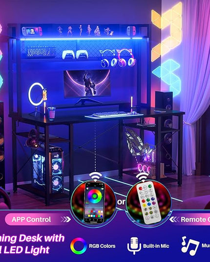 armocity 2024 Upgrade Gaming Desk with Hutch, 48'' Magic Computer Desk with LED Lights and Outlets, Reversible Workstation Desk with Pegboard and Monitor Stand, 48 Gamer Desk PC Table, Black - LeafyLoom