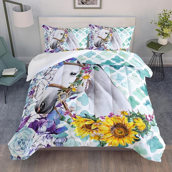 Kid Sunflower Horse Comforter Set 3Pcs Rose Butterfly Retro Horse Bedding Set for Boys Girls Adult, 1 Comforter + 2 Pillowcases - LeafyLoom