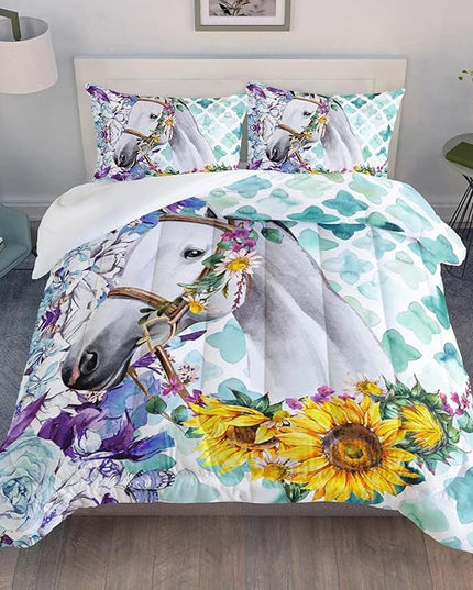 Kid Sunflower Horse Comforter Set 3Pcs Rose Butterfly Retro Horse Bedding Set for Boys Girls Adult, 1 Comforter + 2 Pillowcases - LeafyLoom