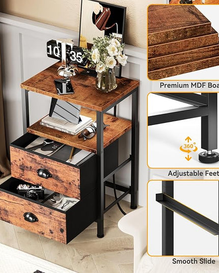 Furologee Nightstand with Charging Station, End Table with LED Lights, Bedside Table with USB Ports & Outlets, Night Stands with 2 Drawers, Side Table for Living Room/Bedroom - LeafyLoom