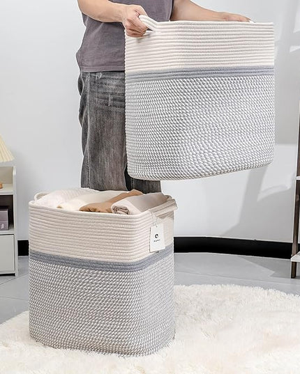 Rectangle Woven Baskets for Storage, Cotton Basket Large Blanket Basket, Laundry Nursery Rope Basket Living Room, Toy Storage Tall Laundry For Organizing, Large Baskets Clothes Collapsible - LeafyLoom