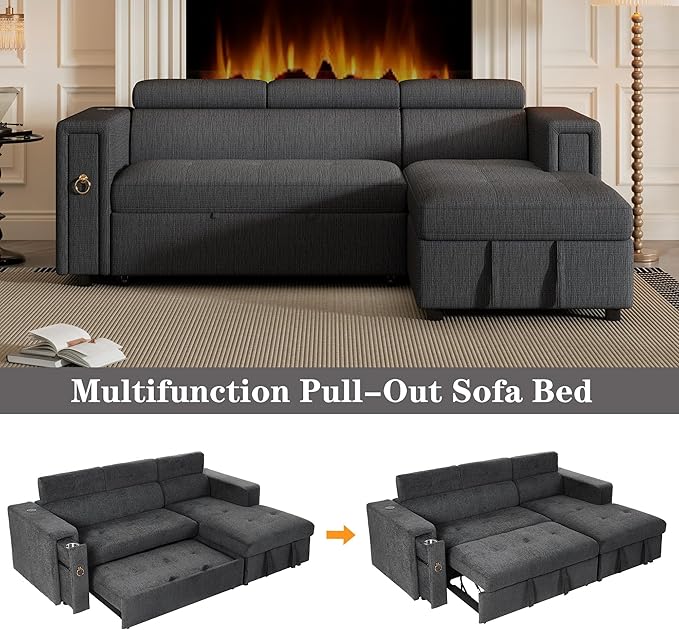 96“ L-Shape Sectional Sleeper Sofa with Pull out Bed, Adjustable Headrest &Storage Chaise, Linen Upholstered Convertible Couch w/Wireless Charging &Cup Holders, for Living Room Apartment - LeafyLoom