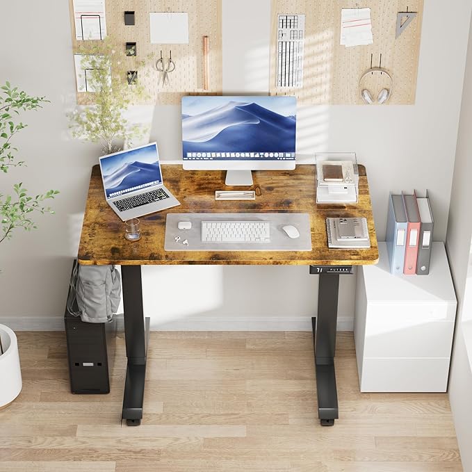 Electric Standing Desk 40 Inch, Ergonomic Height Adjustable Table with T-Shaped Metal Bracket Modern Computer Workstations for Home Office, Rustic Brown, 40 x 24 Inch - LeafyLoom