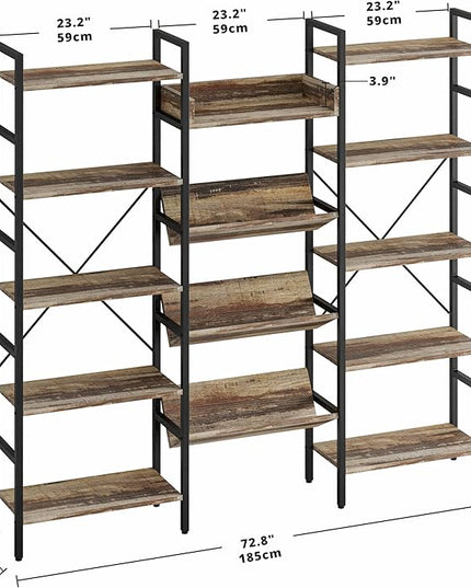 IRONCK Bookcases and Bookshelves Triple Wide 5 Tiers Industrial Bookshelf, Large Etagere Bookshelf Open Record Player Shelves with Metal Frame for Living Room Home Office - LeafyLoom