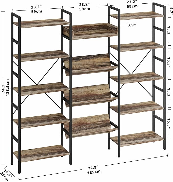 IRONCK Bookcases and Bookshelves Triple Wide 5 Tiers Industrial Bookshelf, Large Etagere Bookshelf Open Record Player Shelves with Metal Frame for Living Room Home Office - LeafyLoom