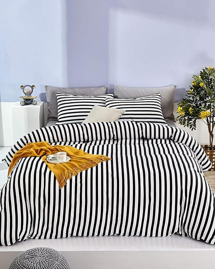 White&Black Stripes Comforter Set Full Women Bedding Set Soft Durable White Striated Bedding Set Black Stripes Ticking Quilts Hotel Quality Comforter Set Girls boy White Black Stripes Bed Set - LeafyLoom
