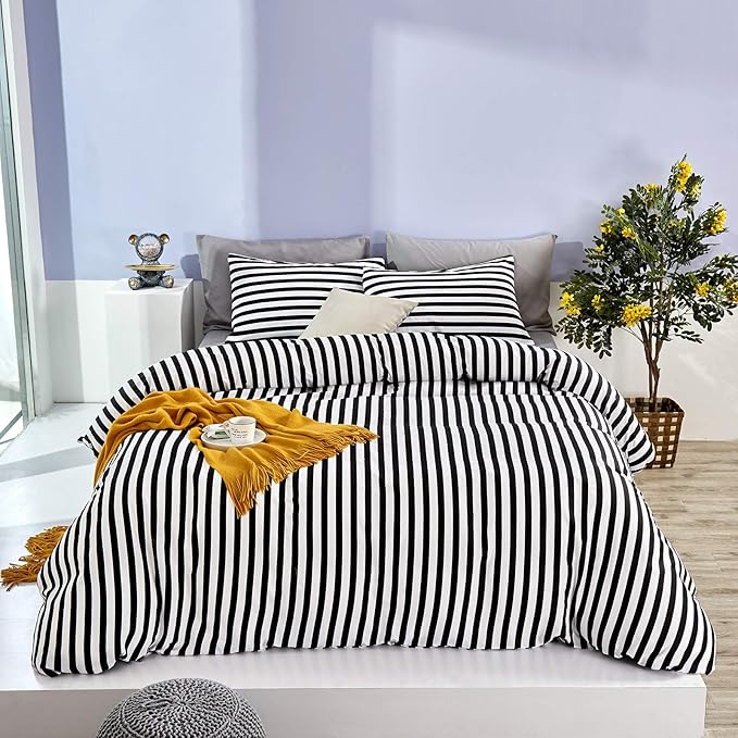 White&Black Stripes Comforter Set Full Women Bedding Set Soft Durable White Striated Bedding Set Black Stripes Ticking Quilts Hotel Quality Comforter Set Girls boy White Black Stripes Bed Set - LeafyLoom