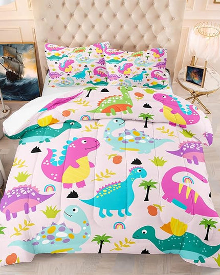 Girls Bedding Dinosaur Comforter Set Queen, Cute Dinosaur Bedding Set for Girls Adults Soft Breathable Dino Quilt Kids Queen Comforter Set, 1 Comforter 2 Pillowcase - LeafyLoom
