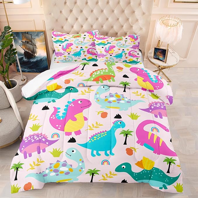 Girls Bedding Dinosaur Comforter Set Queen, Cute Dinosaur Bedding Set for Girls Adults Soft Breathable Dino Quilt Kids Queen Comforter Set, 1 Comforter 2 Pillowcase - LeafyLoom