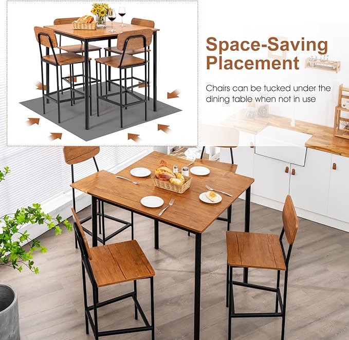 GOFLAME 5-Piece Dining Table Set for Small Space, Kitchen Table and Chairs Set for 4 with Steel Frame, Square Breakfast Table Set, Industrial Counter Height Table Set for Home, Restaurant & Cafe, Teak - LeafyLoom