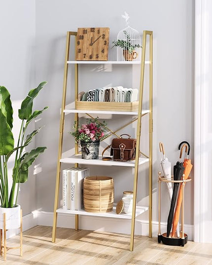 finetones Bookshelf 4 Tier, Wood Bookcase with Metal Frame, Open Display Storage Ladder Shelf, Plant Flower Stand Storage Rack for Home Office White/Gold - LeafyLoom