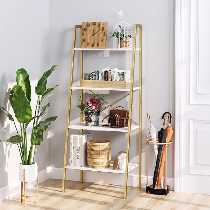 finetones Bookshelf 4 Tier, Wood Bookcase with Metal Frame, Open Display Storage Ladder Shelf, Plant Flower Stand Storage Rack for Home Office White/Gold - LeafyLoom