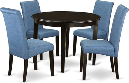 East West Furniture BOBA5-CAP-21 Boston 5 Piece Kitchen Set Includes a Round Dining Room Table and 4 Blue Color Linen Fabric Parsons Dinette Chairs, Cappuccino, 42x42 Inch - LeafyLoom