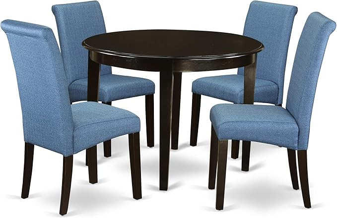 East West Furniture BOBA5-CAP-21 Boston 5 Piece Kitchen Set Includes a Round Dining Room Table and 4 Blue Color Linen Fabric Parsons Dinette Chairs, Cappuccino, 42x42 Inch - LeafyLoom