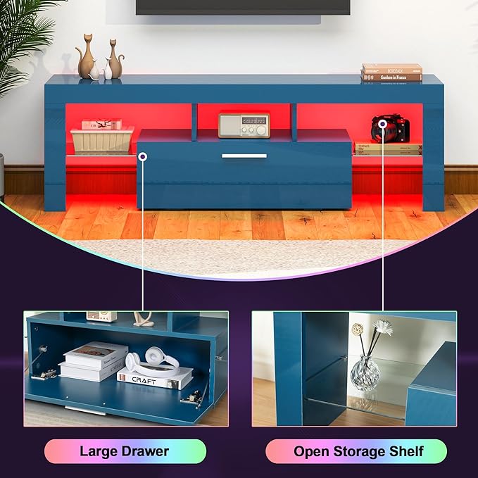 Clikuutory Blue LED TV Stand with Large Storage Drawer for 32 40 50 55 Inch TVs, Modern High gloss TV Console Table with Entertainment Center for Living Room, Bedroom, Blue - LeafyLoom