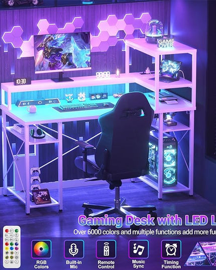 Cyclysio Gaming Desk with LED Light, 47 inch Computer Desk with Storage Shelves, Adjustable Home Office Desk with Power Outlets, Computer Gaming Desk with Long Monitor Stand for Small Space, White - LeafyLoom