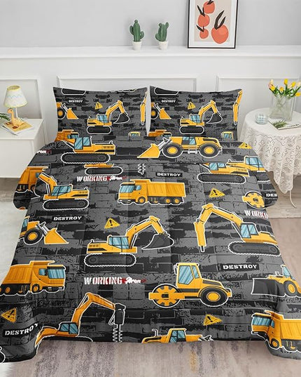 Datura home Kids Engineering Car Bedding Comforter Set Tractor Truck Printed Pattern with 1 and 2 Pillowcases for Boys Bedroom All Season(Truck2 Queen) Queen 90x90inches - LeafyLoom