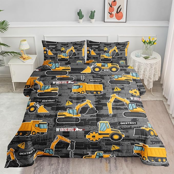 Datura home Kids Engineering Car Bedding Comforter Set Tractor Truck Printed Pattern with 1 and 2 Pillowcases for Boys Bedroom All Season(Truck2 Queen) Queen 90x90inches - LeafyLoom