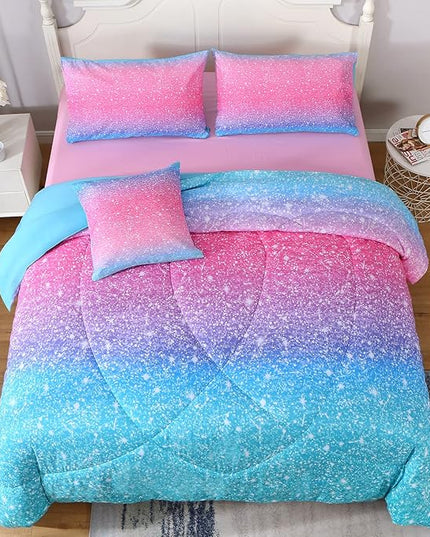 JQinHome Glitter Comforter Set Queen Size, 6 Piece Bed in A Bag 3D Colorful Duvet Pink Blue Bedding Set for Girls Women (1 Comforter,2 Pillowcases,1 Flat Sheet,1 Fitted Sheet,1 Cushion Cover) - LeafyLoom
