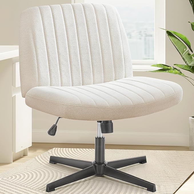 OLIXIS Cross Legged Armless Wide Adjustable Swivel Padded Home Office Desk Chair, White - LeafyLoom