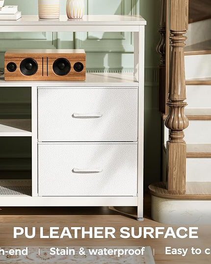TV Stand Dresser with Power Outlets and LED Lights, 4 Drawers Entertainment Center with Shelves, 54 Inch Media Console for 55 60 Inch TV, 4 AC Outlets, 2 USBs, Dresser with PU Finish, White - LeafyLoom