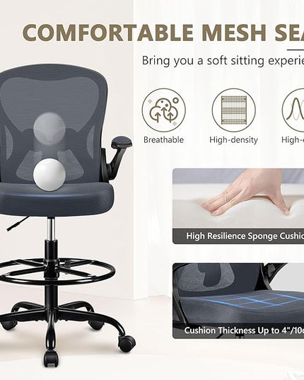 Drafting Chair, Tall Office Chair Ergonomic Standing Desk chair, Lumbar Support Computer Chair Swivel Task Rolling Chair with Adjustable Flip-up Armrests & Foot Ring (Dark Gray) - LeafyLoom
