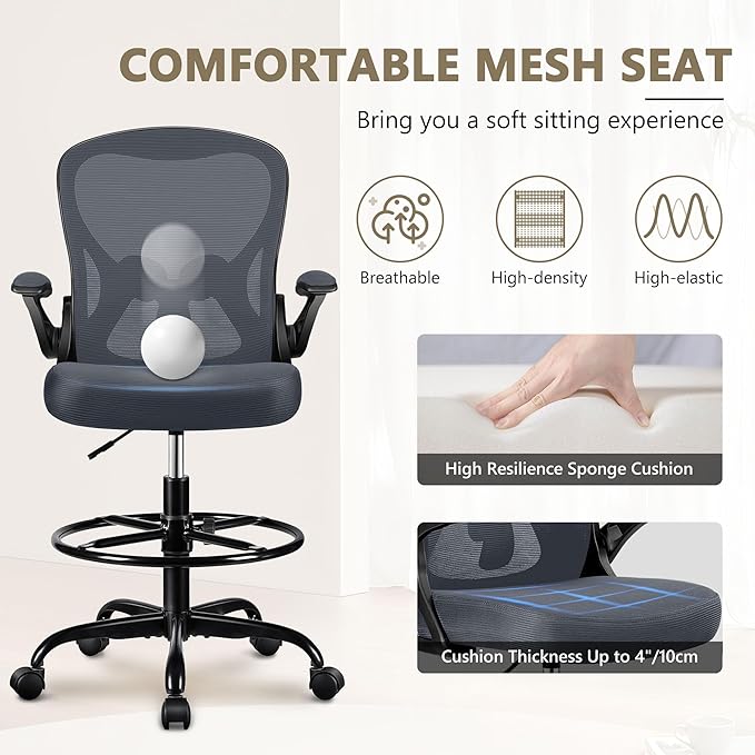 Drafting Chair, Tall Office Chair Ergonomic Standing Desk chair, Lumbar Support Computer Chair Swivel Task Rolling Chair with Adjustable Flip-up Armrests & Foot Ring (Dark Gray) - LeafyLoom