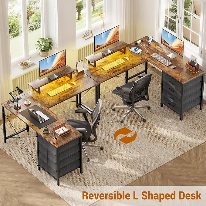 Homieasy L Shaped Desk with Drawers & Power Outlets, Reversible Computer Desk with LED Light and Monitor Stand, 50 Inch Home Office Gaming Work Study Desk with 4 Storage Drawers, Rustic Brown - LeafyLoom