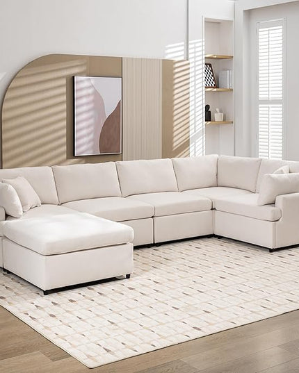Modern 3 Seater Sofa with Removable Back and Seat Cushions, Linen Upholstered Sectional Couch w/ 4 Pillows & Sturdy Wood Legs for Living Room, Apartment, Office, 91 Inch, 152.8inch, Beige-5 - LeafyLoom