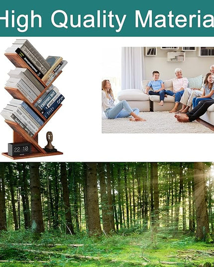 Tree Bookshelf, 5 -Tier Book Storage Organizer Shelves Floor Standing Bookcase, Wood Storage Rack for Office Home School Shelf Display for Cd/Magazine (Rustic Brown) - LeafyLoom