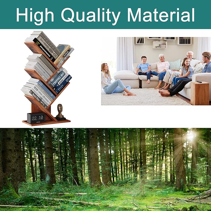 Tree Bookshelf, 5 -Tier Book Storage Organizer Shelves Floor Standing Bookcase, Wood Storage Rack for Office Home School Shelf Display for Cd/Magazine (Rustic Brown) - LeafyLoom
