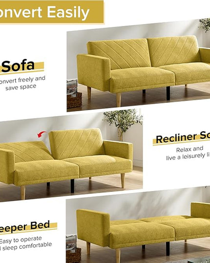 Folding Futon Sofa Tapered Wood Legs,Modern Space Saving Couch,Easily Converts to Single Bed,Easy Assembly,Multi-Functional Loveseat Ideal for Small Home Living Room,Yellow, 76" - LeafyLoom