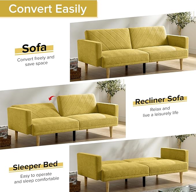 Folding Futon Sofa Tapered Wood Legs,Modern Space Saving Couch,Easily Converts to Single Bed,Easy Assembly,Multi-Functional Loveseat Ideal for Small Home Living Room,Yellow, 76" - LeafyLoom
