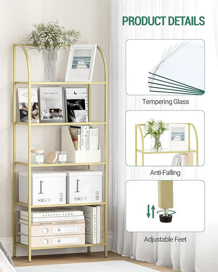 Bookcase Bookshelf, Tempered Glass Arched Bookshelf for More Storage, Slim Shelving Unit for Bedroom, Bathroom, Home Office, Steel Frame, Wide 5 Tier Gold BC22599G - LeafyLoom