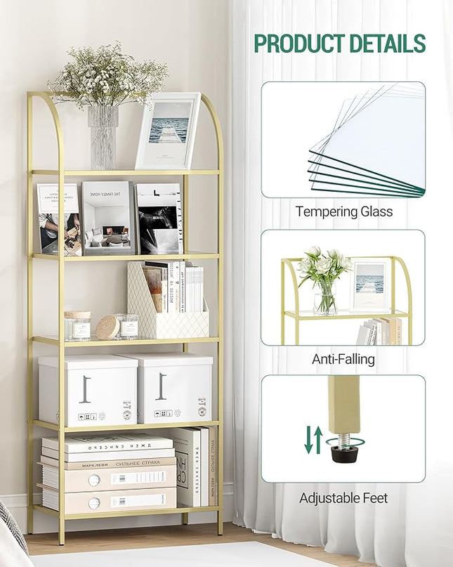 Bookcase Bookshelf, Tempered Glass Arched Bookshelf for More Storage, Slim Shelving Unit for Bedroom, Bathroom, Home Office, Steel Frame, Wide 5 Tier Gold BC22599G - LeafyLoom