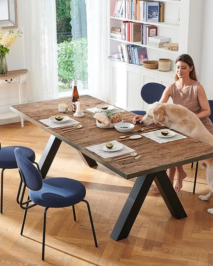 COLAMY Modern Fabric Dining Chairs Set of 6, Mid Centry Upholstered Dining Room Kitchen Chairs with Curved Backrest, Round Seat, Black Metal Legs, Blue - LeafyLoom