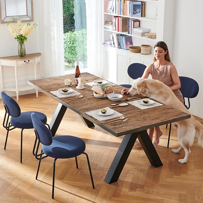 COLAMY Modern Fabric Dining Chairs Set of 6, Mid Centry Upholstered Dining Room Kitchen Chairs with Curved Backrest, Round Seat, Black Metal Legs, Blue - LeafyLoom