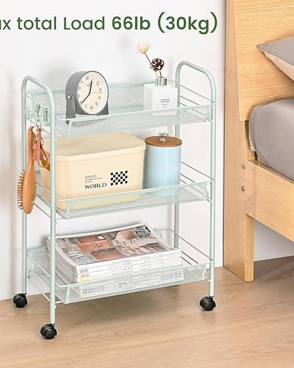 TOOLF 3-Tier Metal Rolling Cart, Mesh Wire Easy Assemble Utility Cart, Storage Trolley on Wheels with 3 Hooks, MetalStorage Shelving Units for Kitchen Bathroom Laundry Room - LeafyLoom