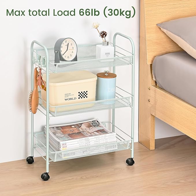 TOOLF 3-Tier Metal Rolling Cart, Mesh Wire Easy Assemble Utility Cart, Storage Trolley on Wheels with 3 Hooks, MetalStorage Shelving Units for Kitchen Bathroom Laundry Room - LeafyLoom