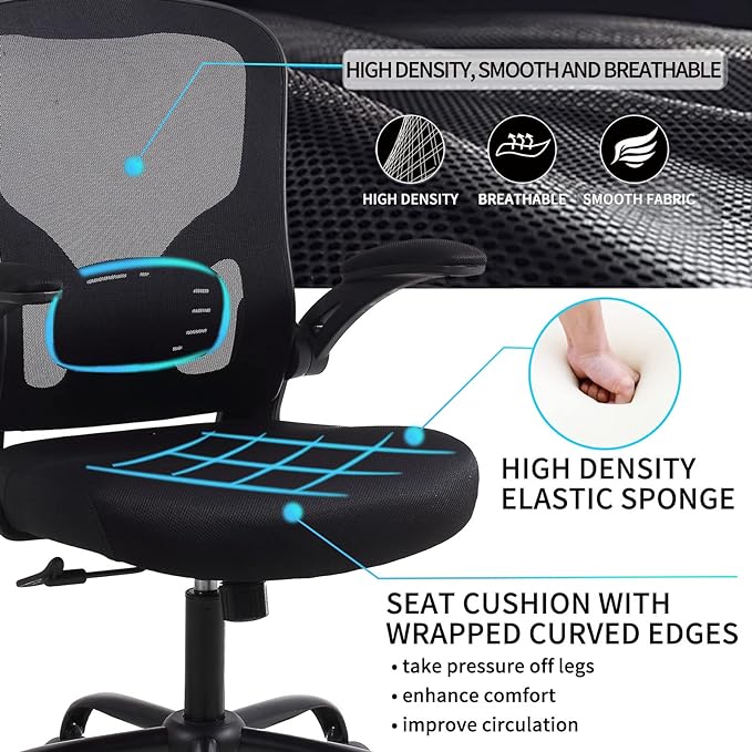 Ergonomic Office Desk Chair Breathable Mesh Swivel Computer Chair, Lumbar Back Support Task Chair, Office Chairs with Wheels and Flip-up Arms,Executive Rolling Chair - LeafyLoom