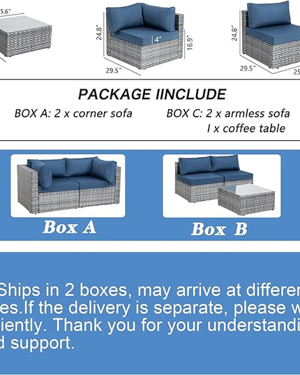 Shintenchi 5 Pieces Outdoor Patio Sectional Sofa Couch, Silver Gray PE Wicker Furniture Conversation Sets with Washable Cushions & Glass Coffee Table for Garden, Poolside, Backyard (Aegean Blue) - LeafyLoom