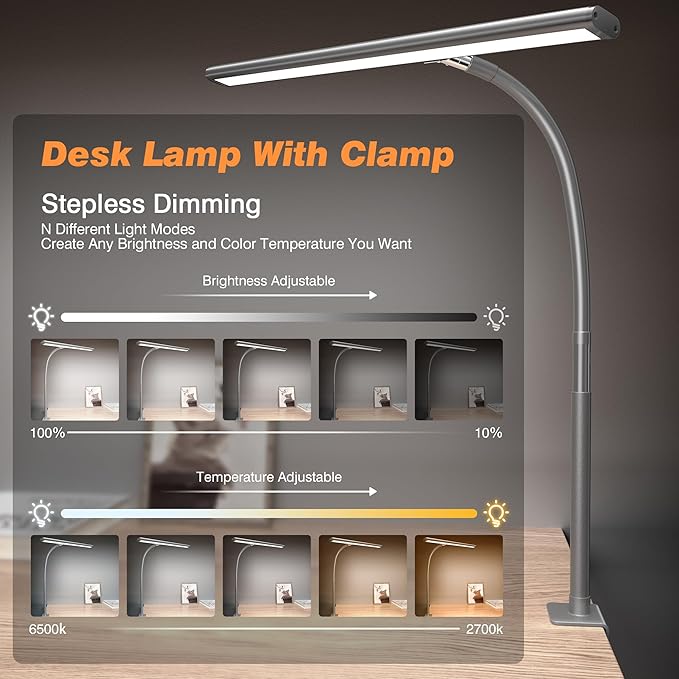 LED Desk Lamp for Office Home, Eye-Caring Desk Light with Stepless Dimming Adjustable Flexible Gooseneck, 10W USB Adapter Desk Lamp with Clamp for Reading, Study, Workbench (Grey) - LeafyLoom